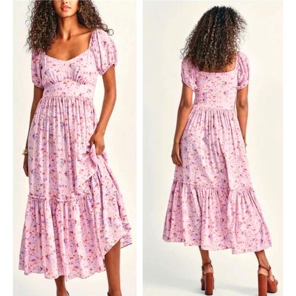 LoveShackFancy 6 Angie $595 SILK Milkmaid Midi Dress Puff Shoulder Floral Pink - Picture 1 of 15